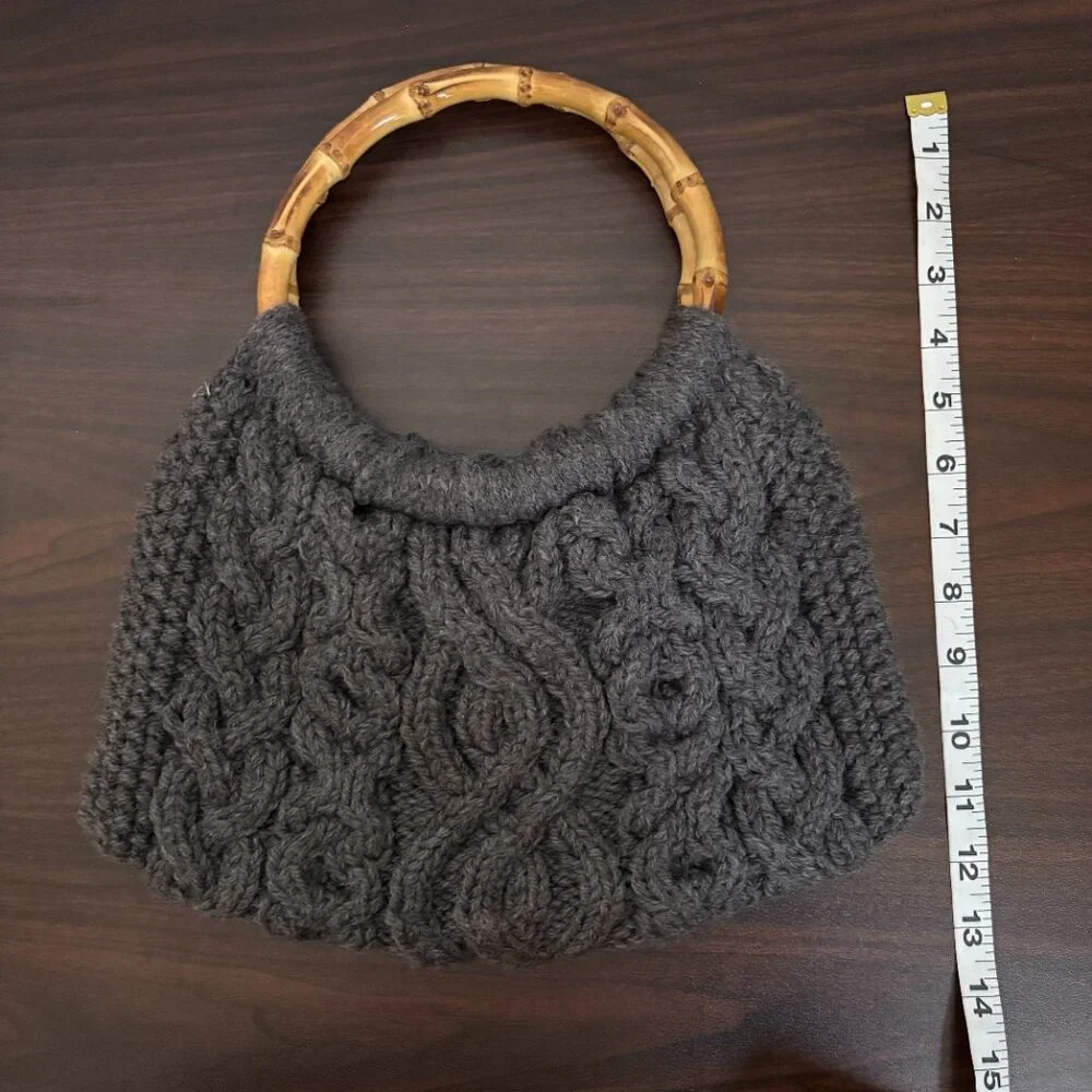 Knit Sweater Bag Grey Bamboo Handles Handbag Cable Knit Purse Grandmacore